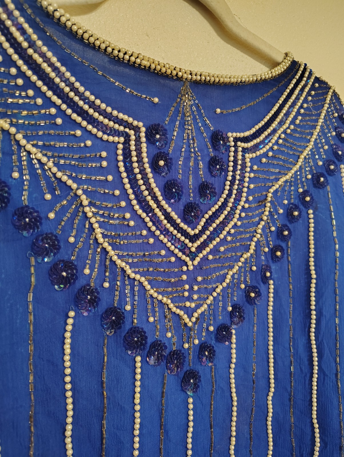 Vintage In Fashions 100% Silk Beaded Sequin Blouse – Royal Blue – Size M
