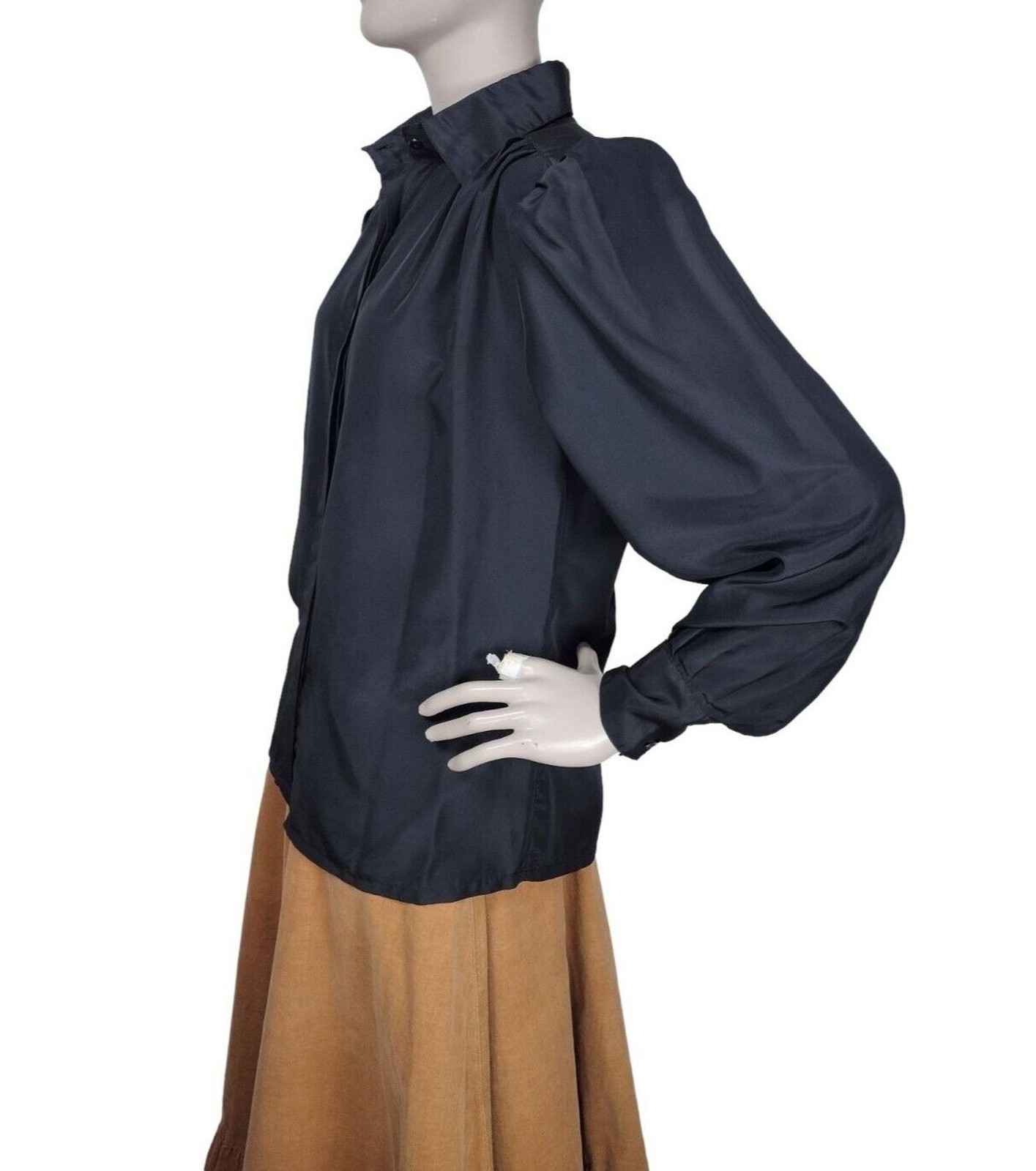 Vintage 80s Black High Puffed Pleated Shoulder Balloon Sleeve Button-Down Blouse