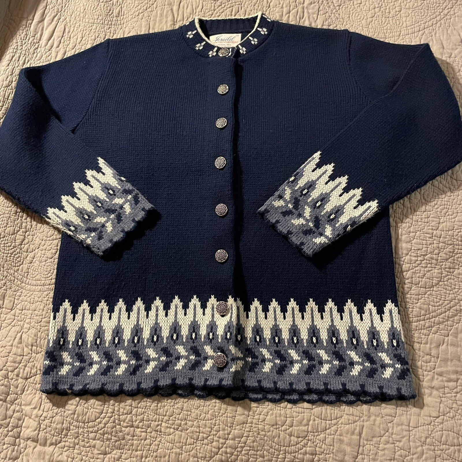 Vintage Jersild Swiss Loom Cardigan Sweater Silver Buttons Blue Scalloped Hem