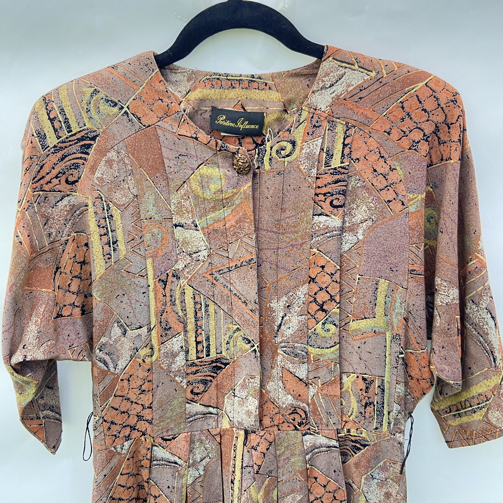80s Vtg Dress Sz M by Positive Influence Abstract Geo Print Dusty Rose No Belt