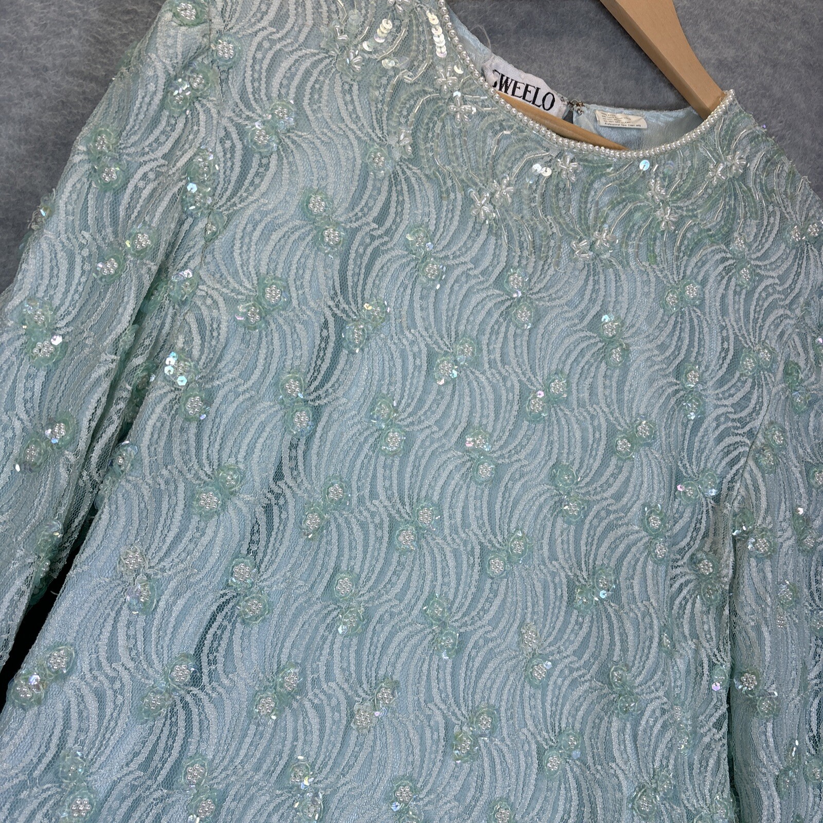 Vintage Top L Green Sequin Beaded Fairycore Artsy Lace Sheer Lined Party Blouse