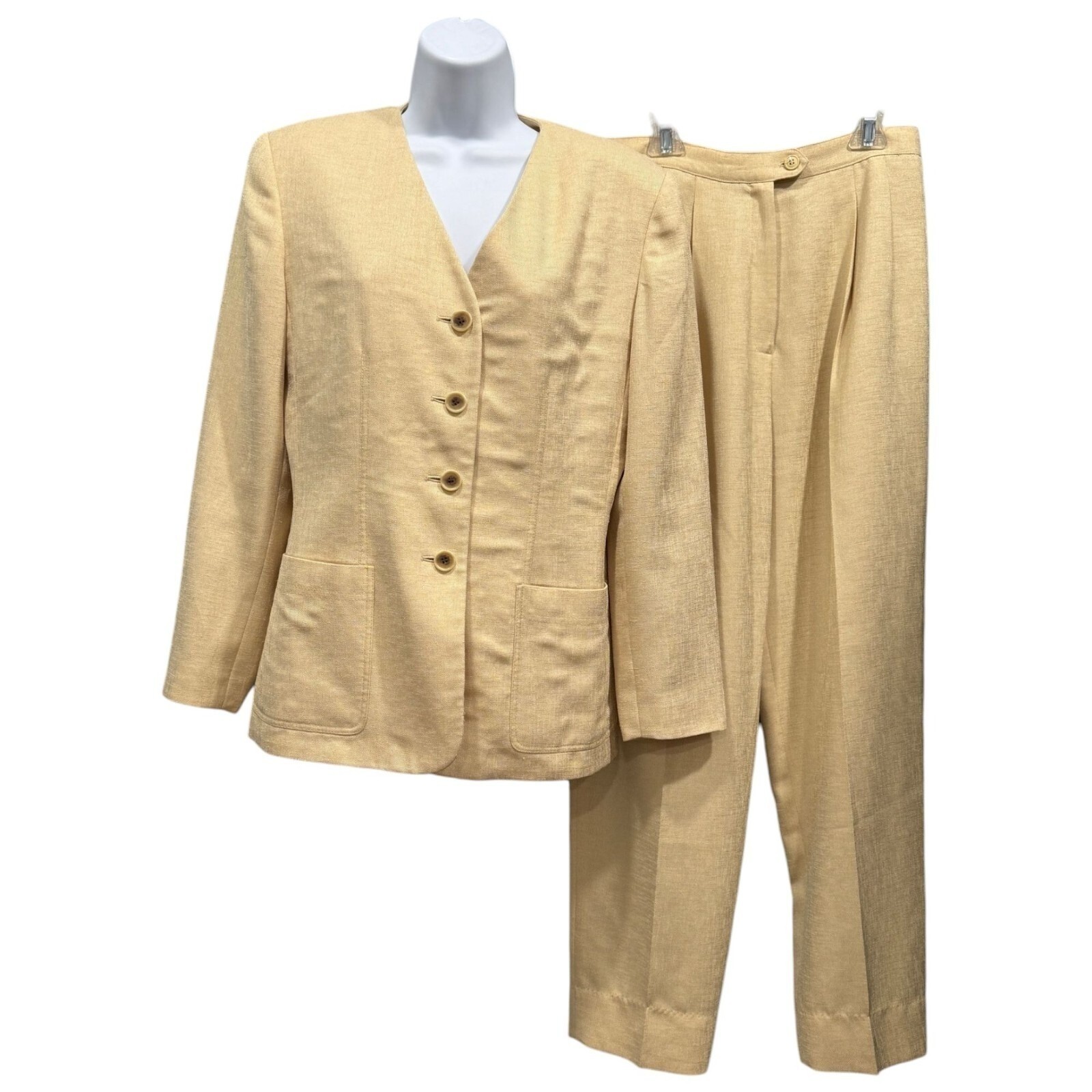 VTG Kasper 2PC Pant Suit Linen Look Pleated Lined Pockets Yellow Career Size 6P