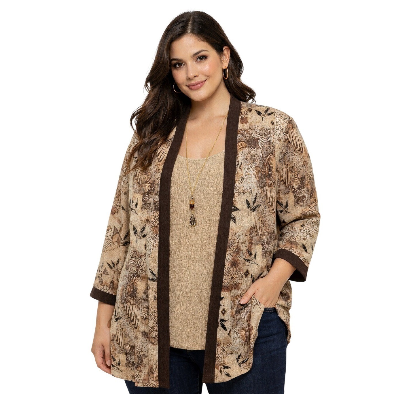 R&M Richards Jacket Tank Set 14 Mocha Brown Batik Floral Necklace Shoulder Pads