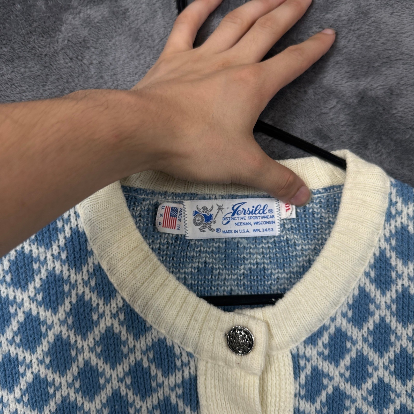 Jersild Cardigan Sweater Women 40 Blue Fair Isle Knit Vintage Made in USA Button