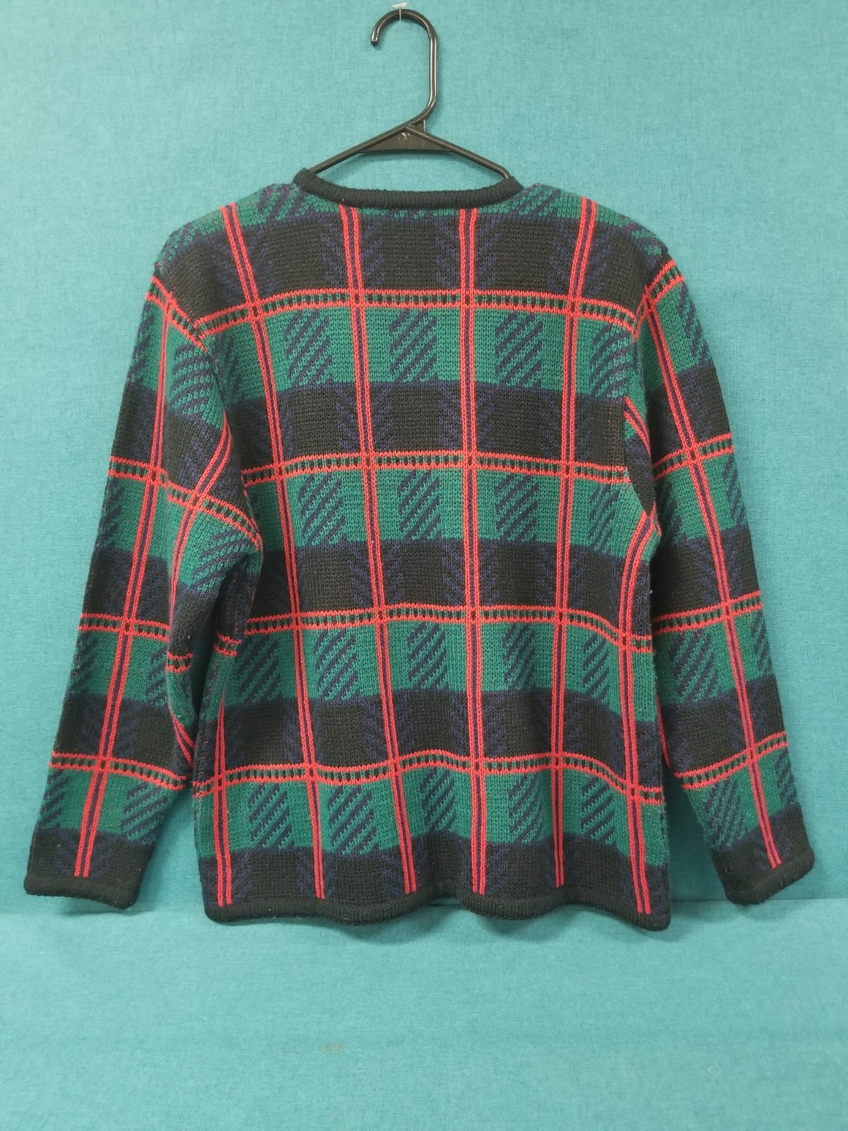 VTG Crystal Kobe Red/Green/Black Plaid Gold Button Cardigan Sweater Size Medium