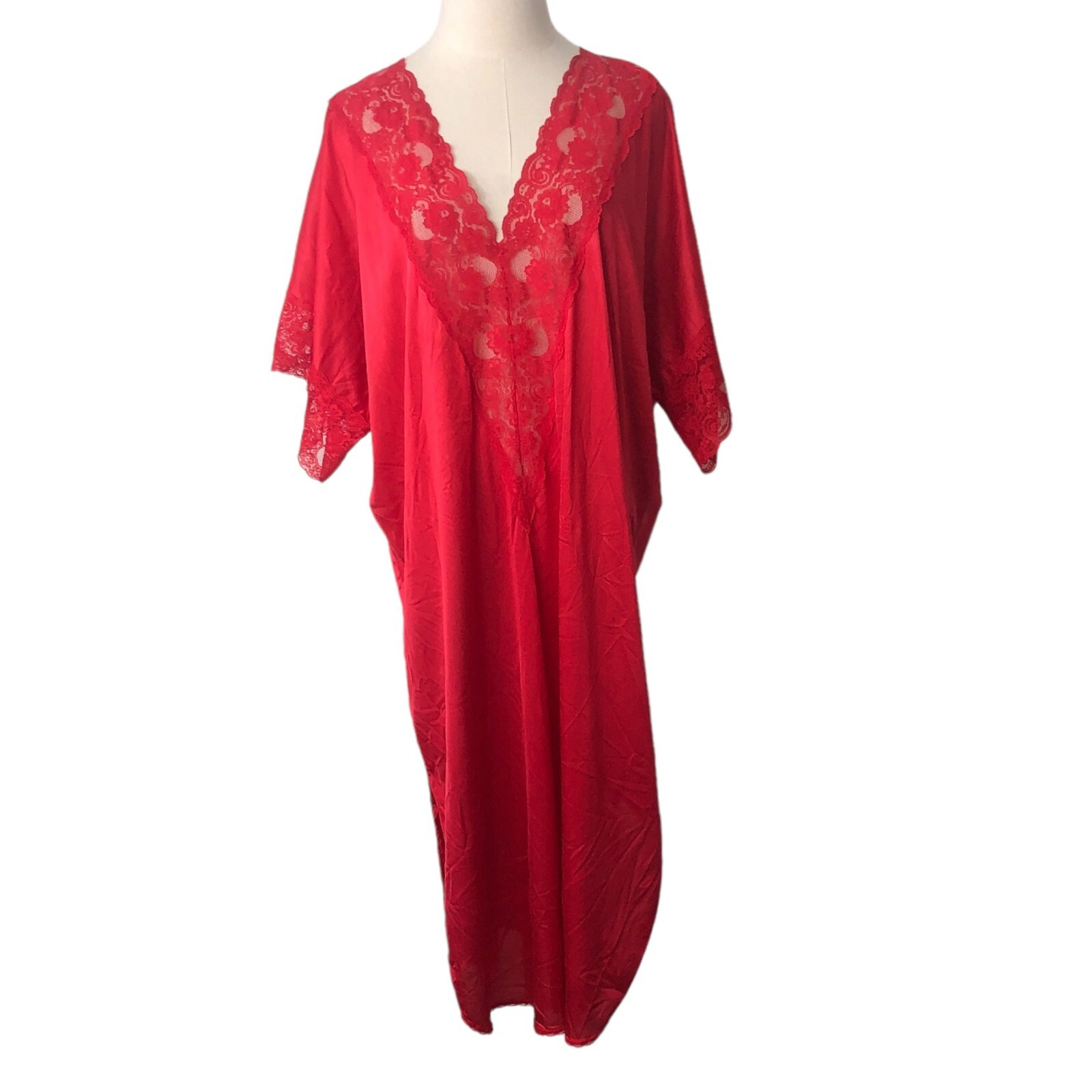 Vtg Danbury Nightgown Lipstick Red Nylon Lace V-Neck Caftan Kaftan Size Large