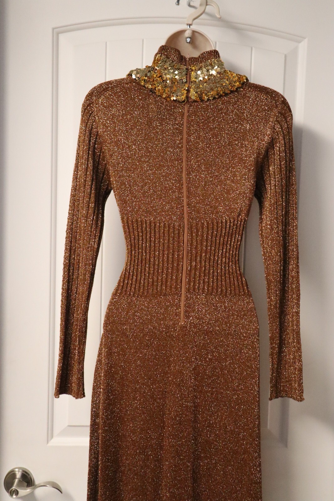 Vintage 1970s Wenjilli Glam Lurex Knit Sparkling Copper Maxi Dress size 7/8