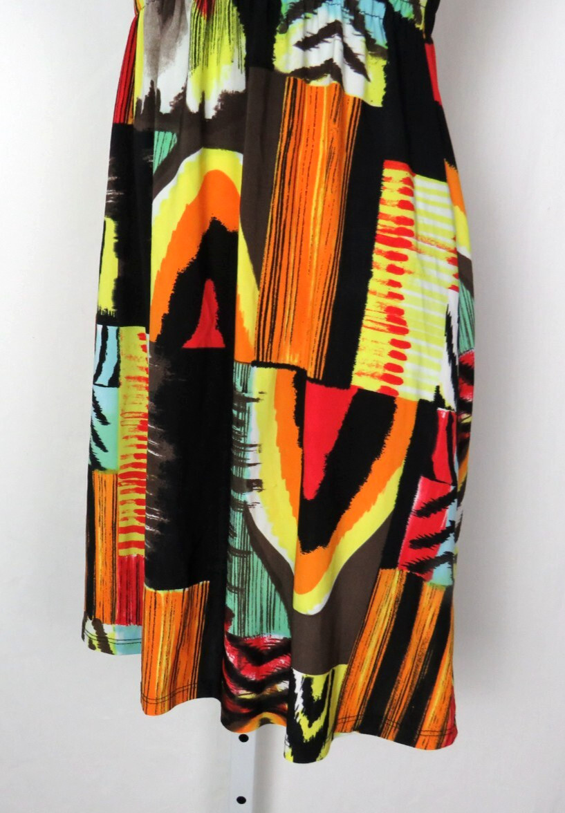 VTG 1990s MOD ABSTRACT COLOR BLOCK STRETCH DRESS OVERLAP BUST 30″ to 36″