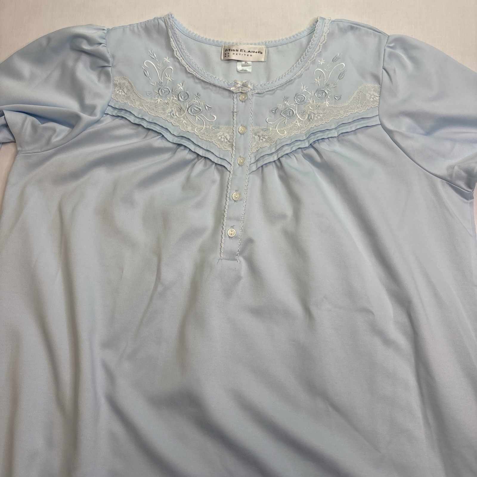 Miss Elaine Petites PL Nightgown Blue Long Sleeve Lace Embroidered Floral