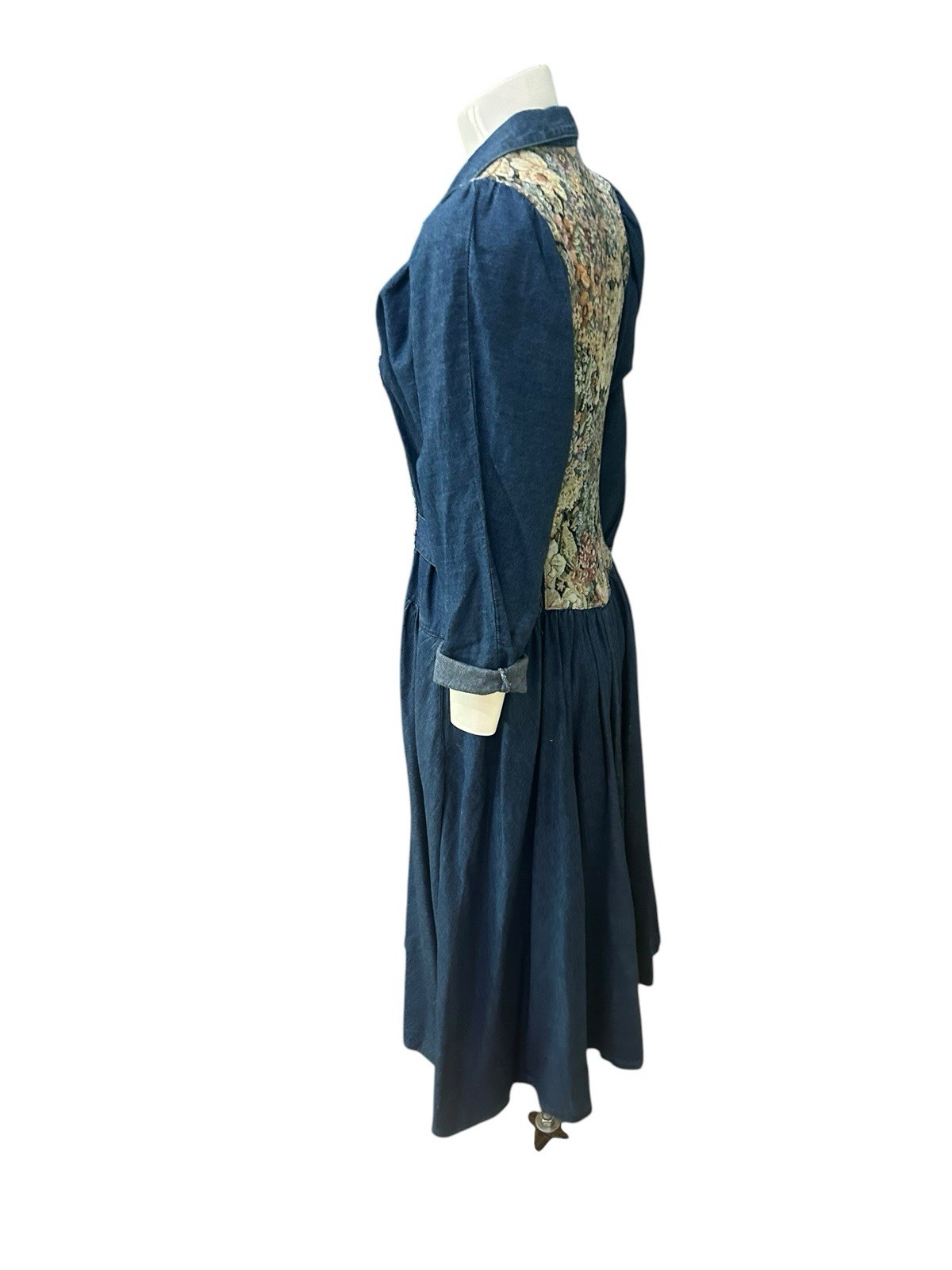 Vintage 80s Denim Prairie Dress Tapestry Floral Corset Midi Puffed Sleeve S 7 ^