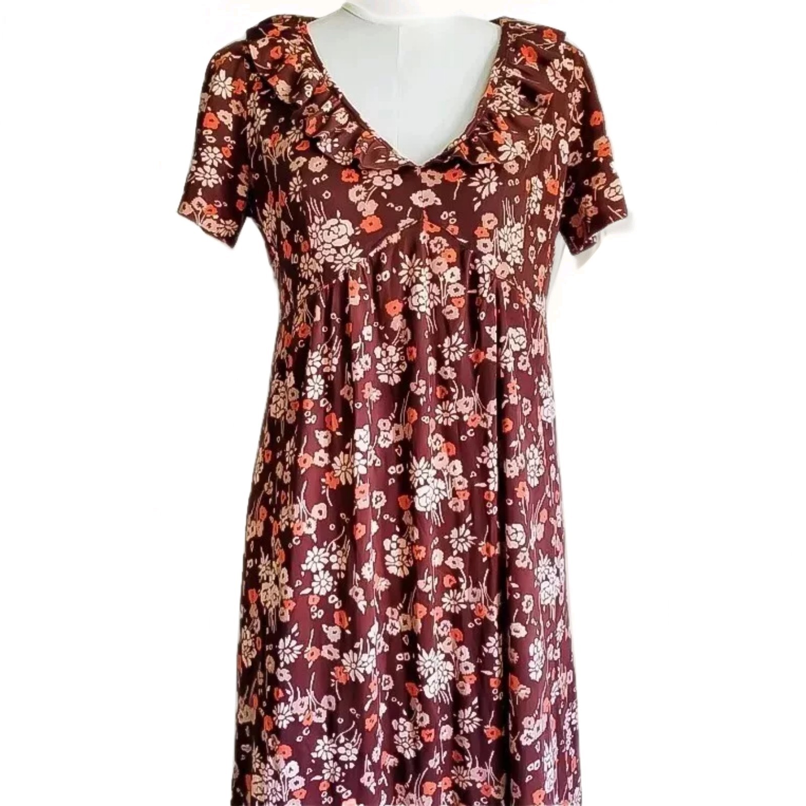 VTG 70s Nylon Jersey Maxi Dress w/ 1930s Inspired V-Neckline & Ruffle Collar L