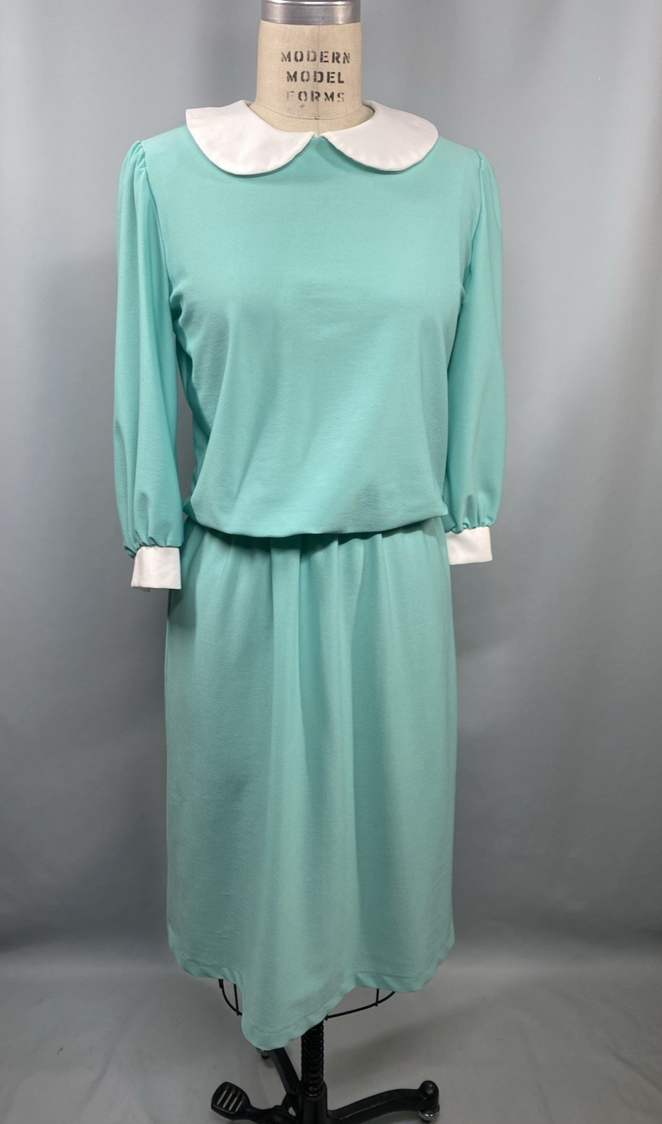 Vintage Dress JUNIORS SIZE MEDIUM teal turquoise 70s 80s Peter Pan collar