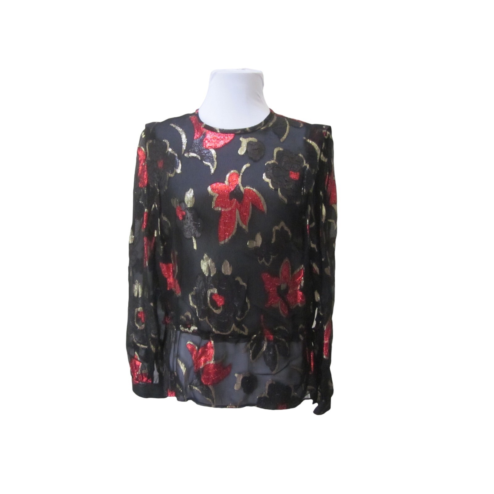 VTG LLOYD WILLIAMS Sheer Evening Blouse w/ Black Rose Metallic Red Poinsettias 6
