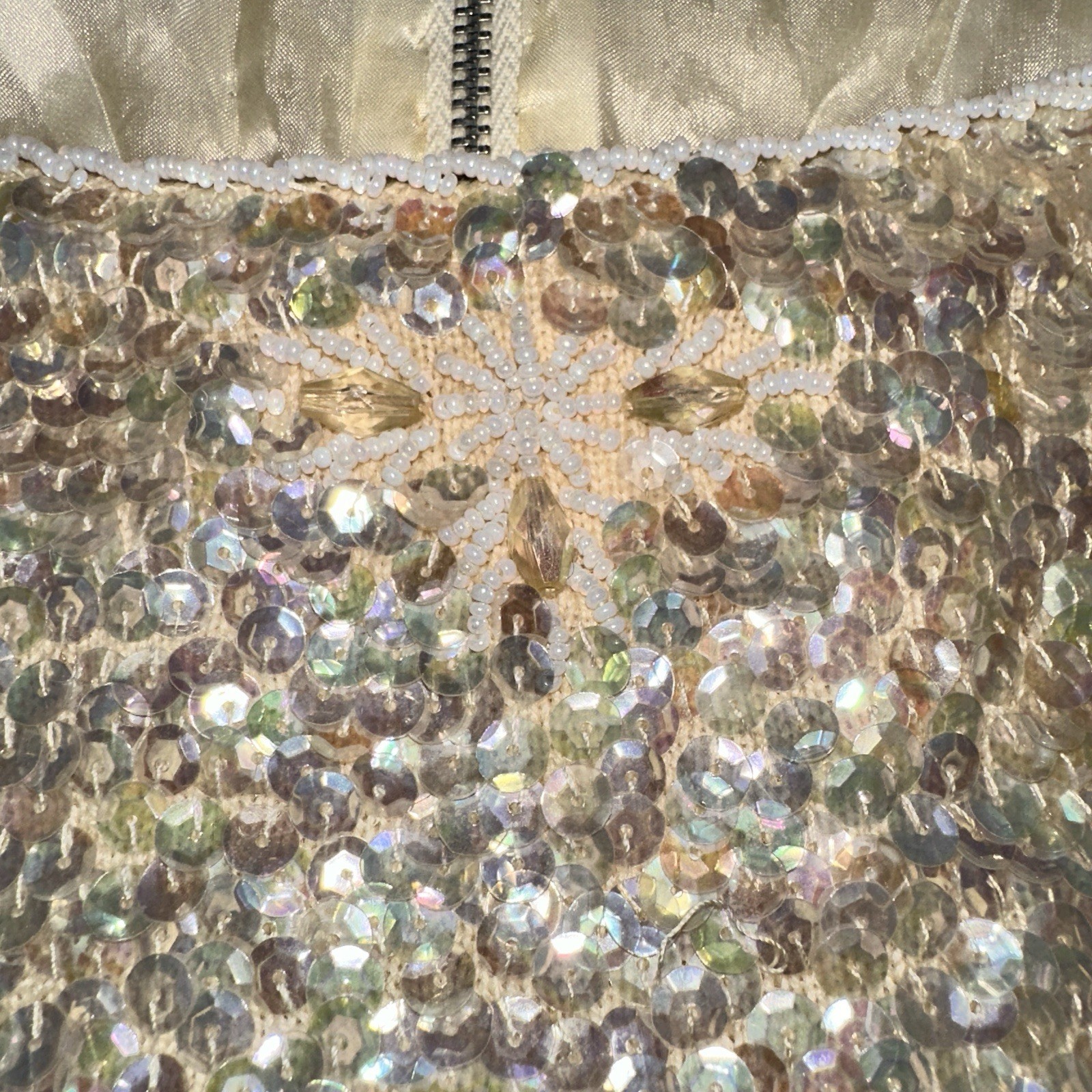 Vtg 50s 60s Hand Beaded Sequin Sleeveless Sweater Top Ivory 34 Glam Holiday Flaw