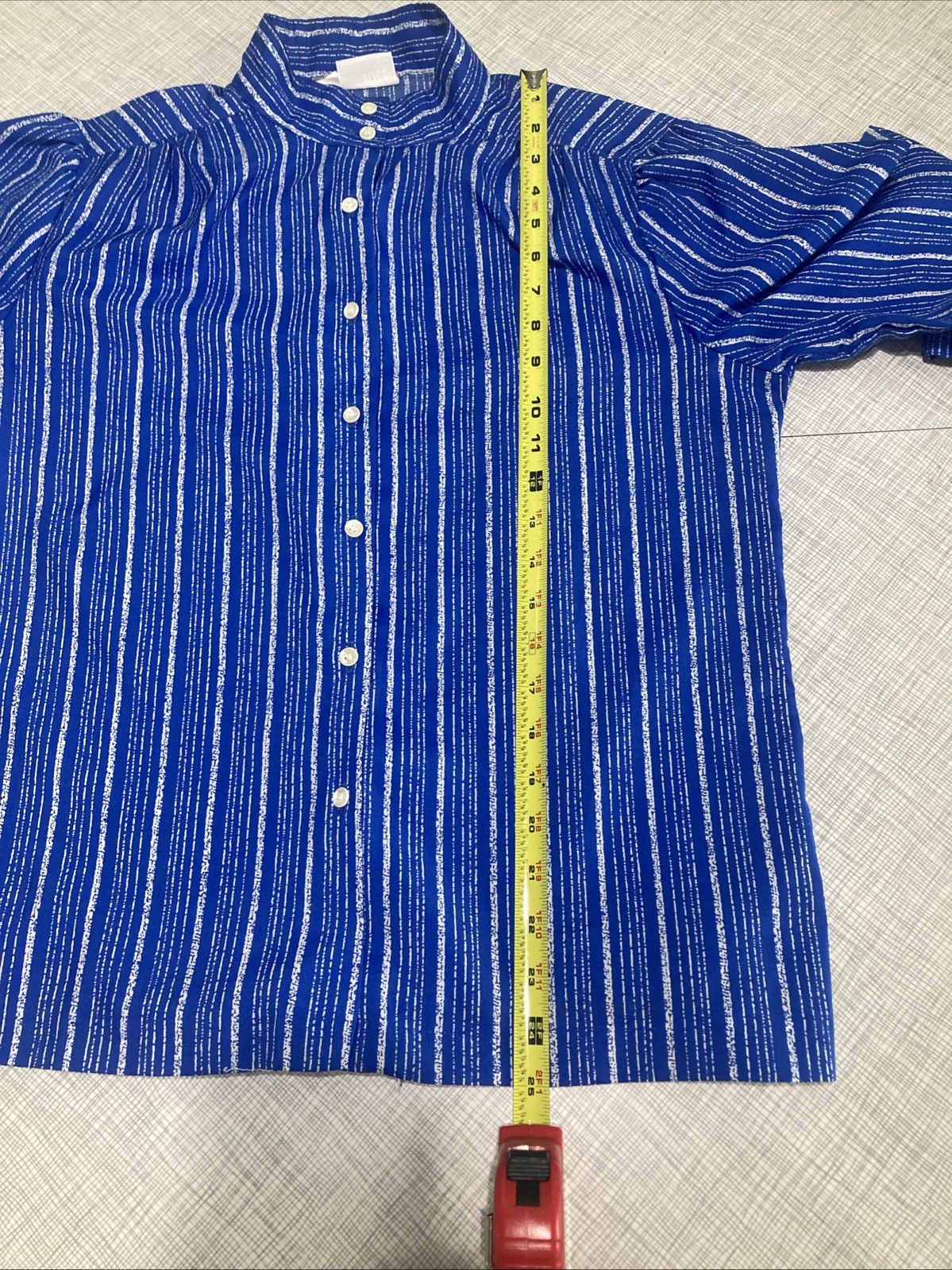 Vtg 70s rrrrruss Russ Togs Sz 14 Blue White Striped Puff Sleeve Blouse ILGWU EUC