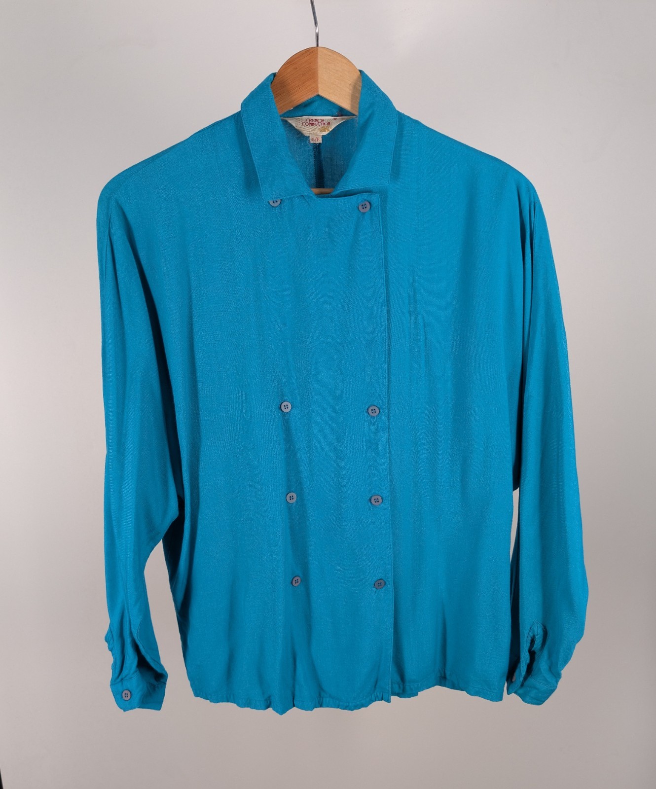 Vintage French Connection Double Breasted Blouse Teal Rayon Batwing Sleeve S