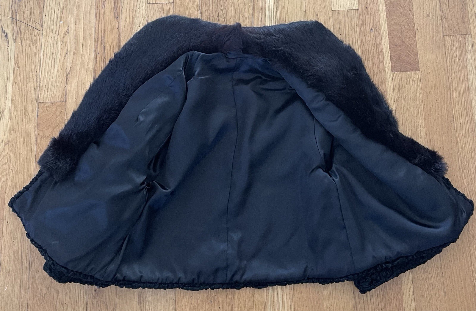 Vintage Black Persian Lamb Curly Wool Short Jacket Fur Collar 3/4 Sleeves