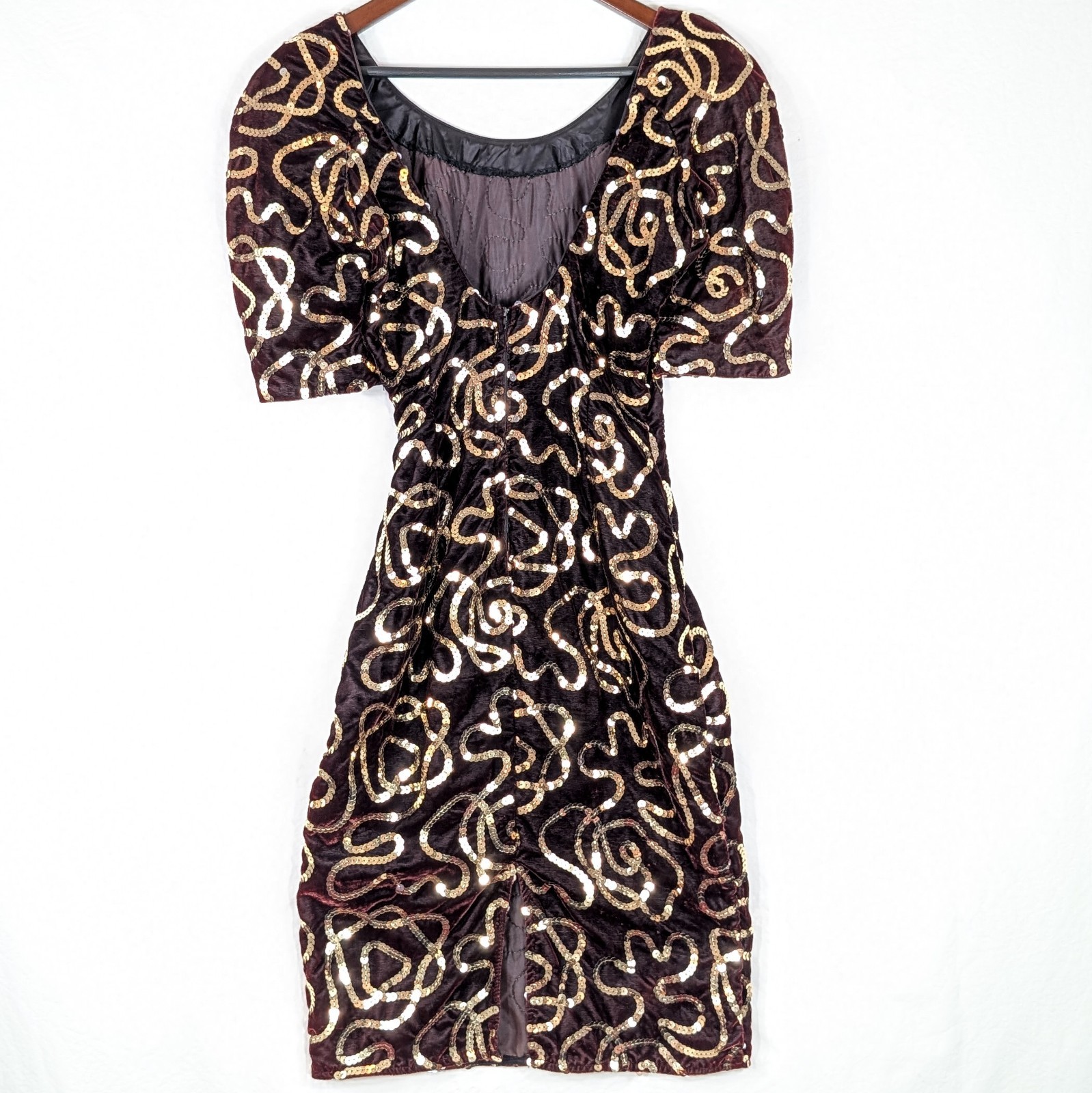 Vtg 80s Midnight Glo Burgundy Velvet Gold Sequin Dress Small Wine Party Cocktail