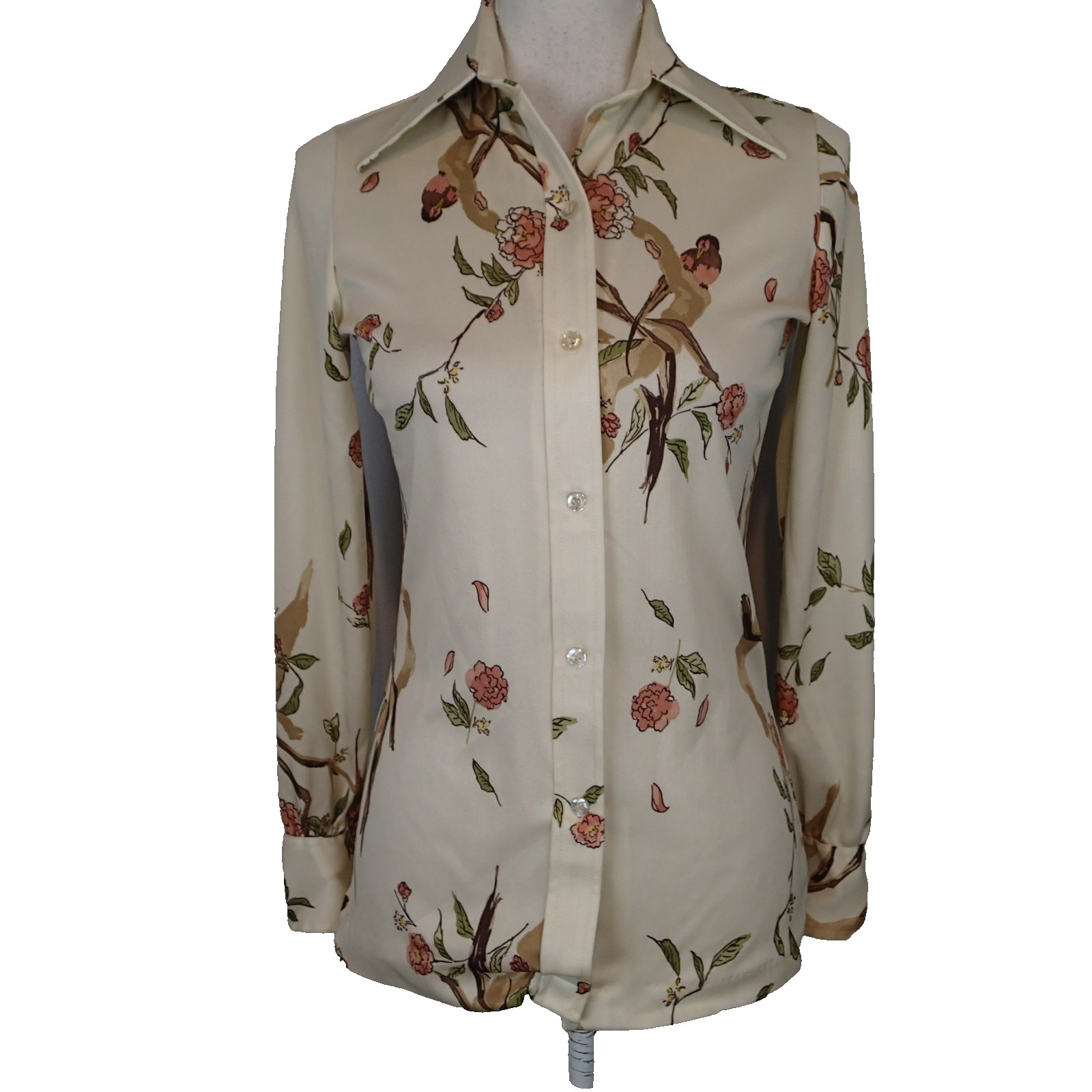 70’s VTG Women’s Knit Editions by Ship 'N Shore AOP Birds floral Blouse sz 8 top