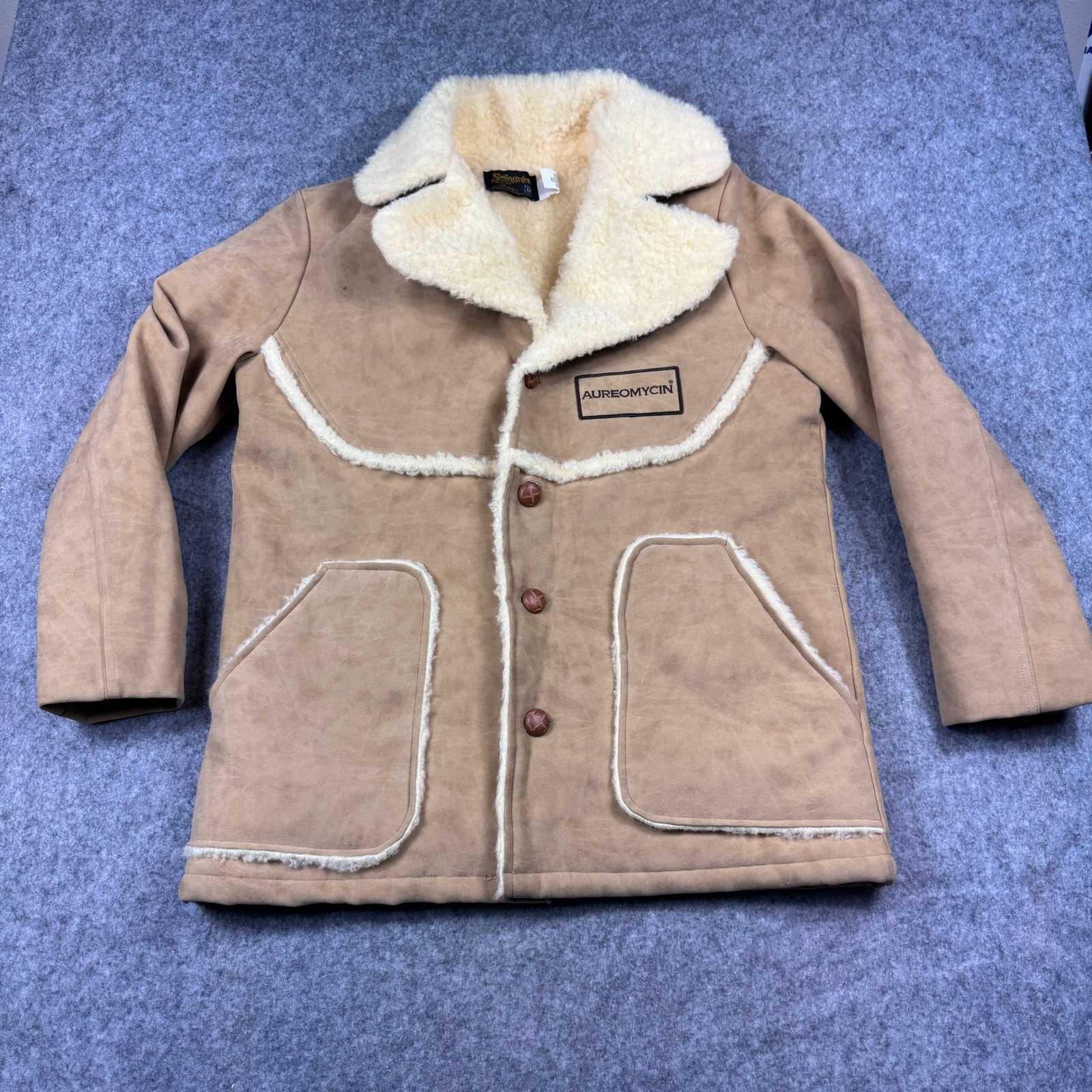Vintage Swingster Sherpa Lined Coat Med. Faux Suede Brown Ranch Aureomycin Logo