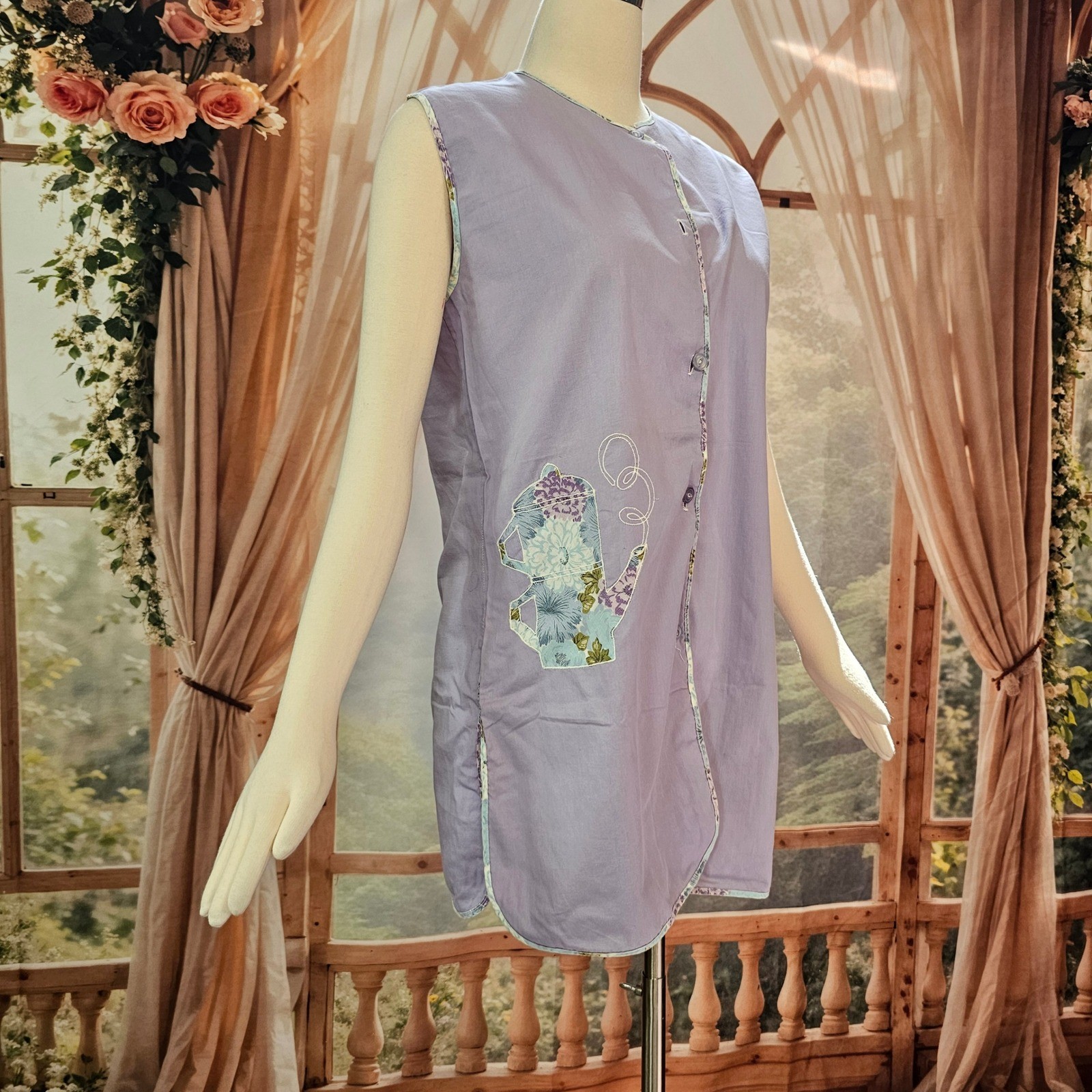 Vintage 1960s Housedress Minidress Pinafore Dress Lilac Purple Teapot Applique