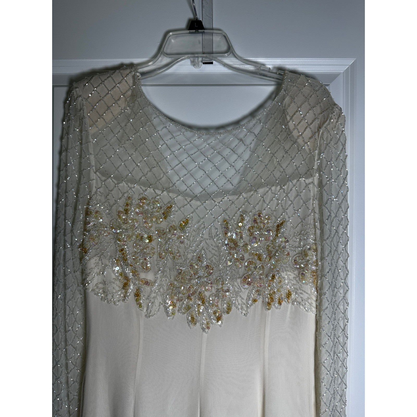 Jovani Vintage Pure Silk Beaded Sequin Long Sleeve Evening Gown Ivory Size 8