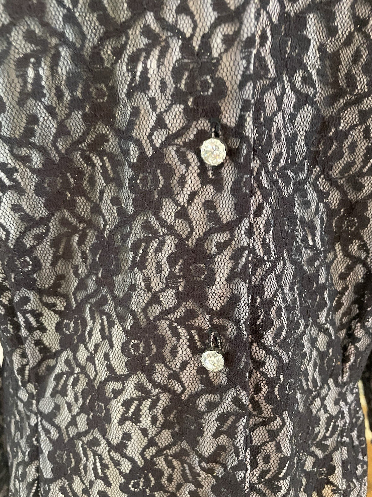 Sheer Black Lace Button-Front Women’s Blouse 1950s- 60s Rhinestone Buttons