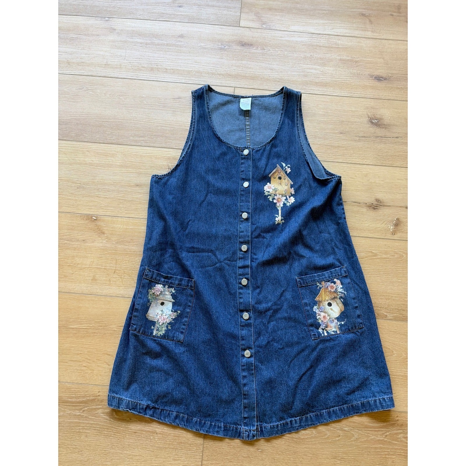 Vintage Denim Birdhouse Floral Jumper Dress Blue Button Front Cotton USA read
