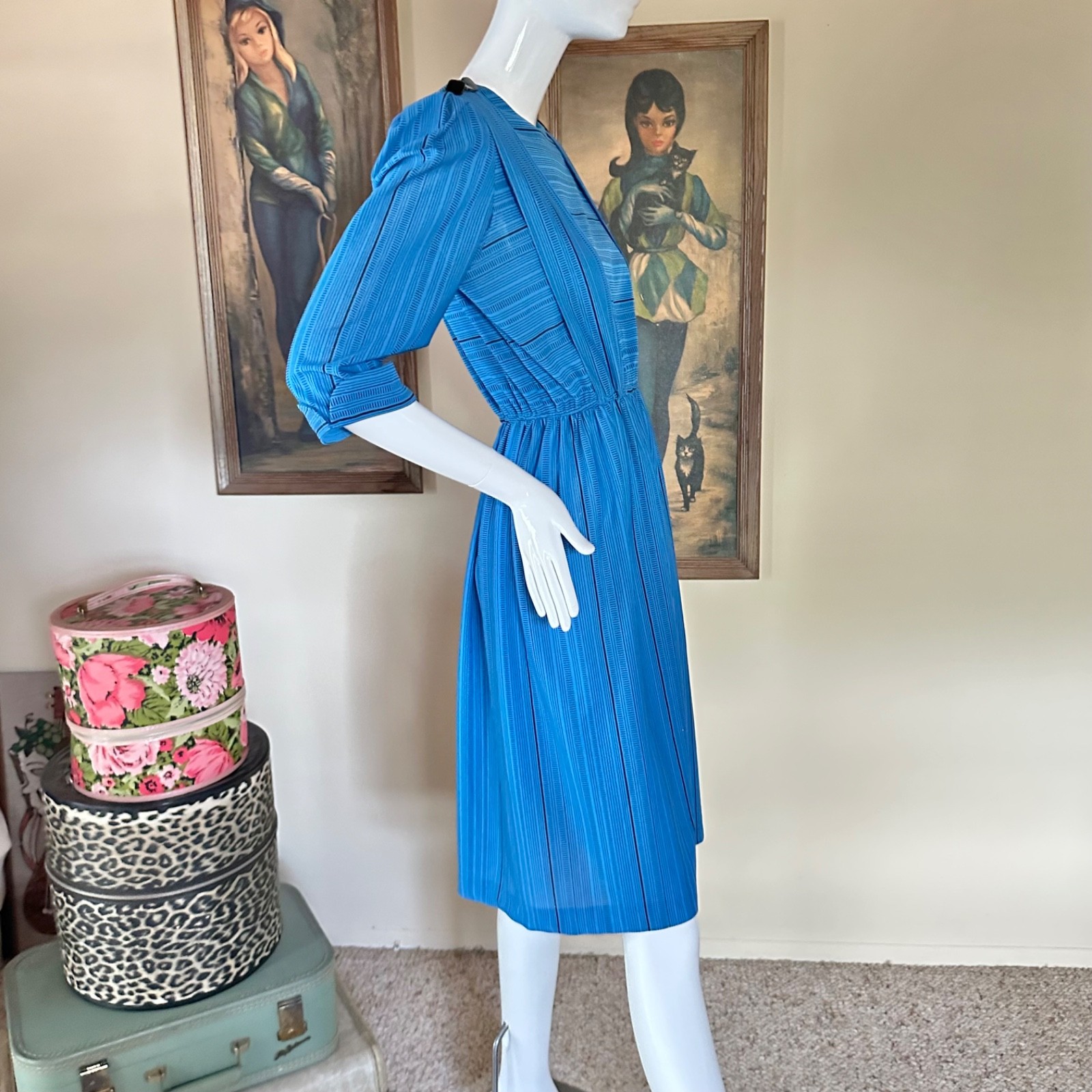 Vintage 1980s New Wave Dashes Striped Midi Day Dress Preppy Secretary M