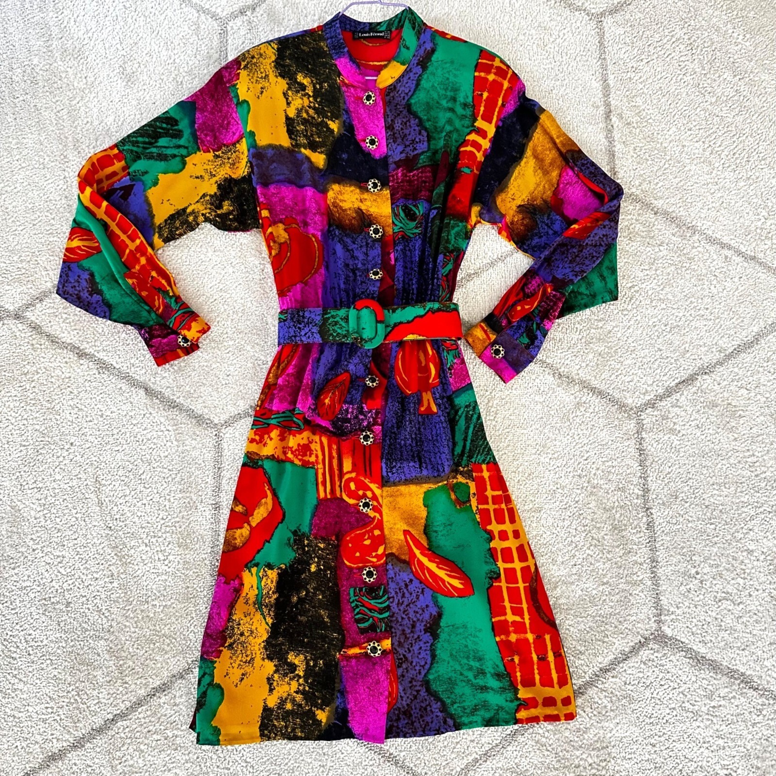 Louis Ferard Vintage Silk Belted Colorful Abstract Pattern Long Sleeve Dress