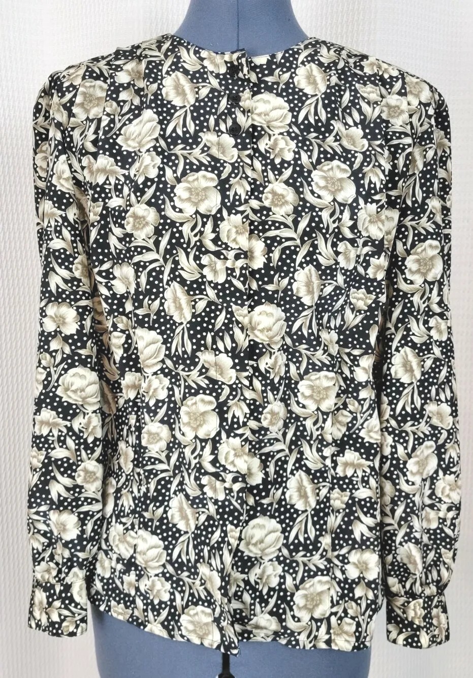 Vtg Personal Blouse & Skirt Set in Black w Tan & White Florals & Polka Dots Sz 8