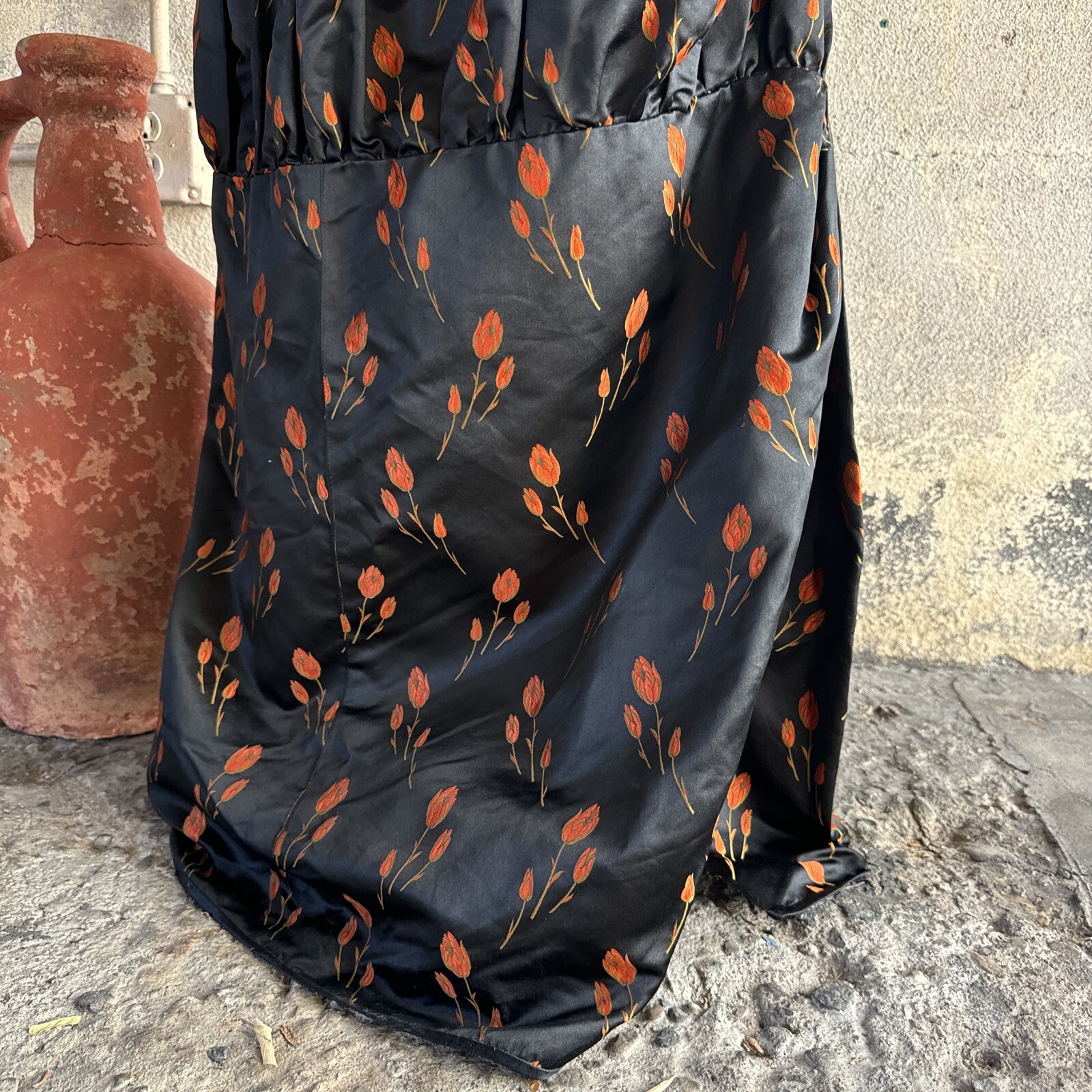 Antique 1920s Orange Tulip Silk Brocade Dress 1890s Fabric Full Length Vintage