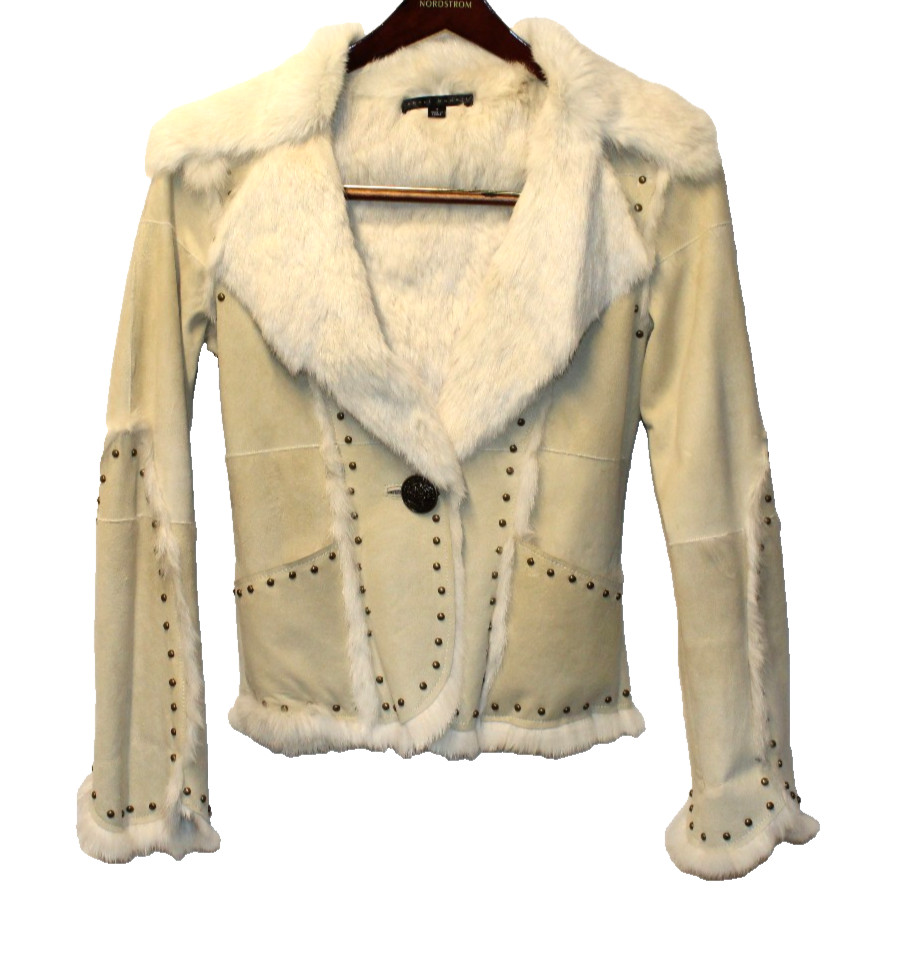 SHERI BODELL CREAM SUEDE LEATHER & FUR JACKET W/ GROMMET STUDS ACCENT ONE BUTTON