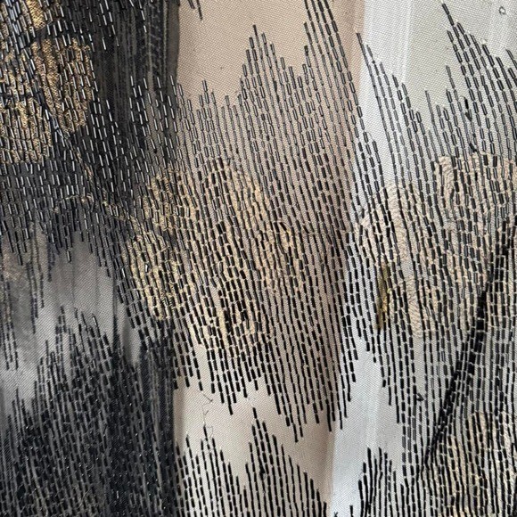 Art Deco Beaded Lame Floral Shift Dress Overlay 1920s sheer net jet bead antique