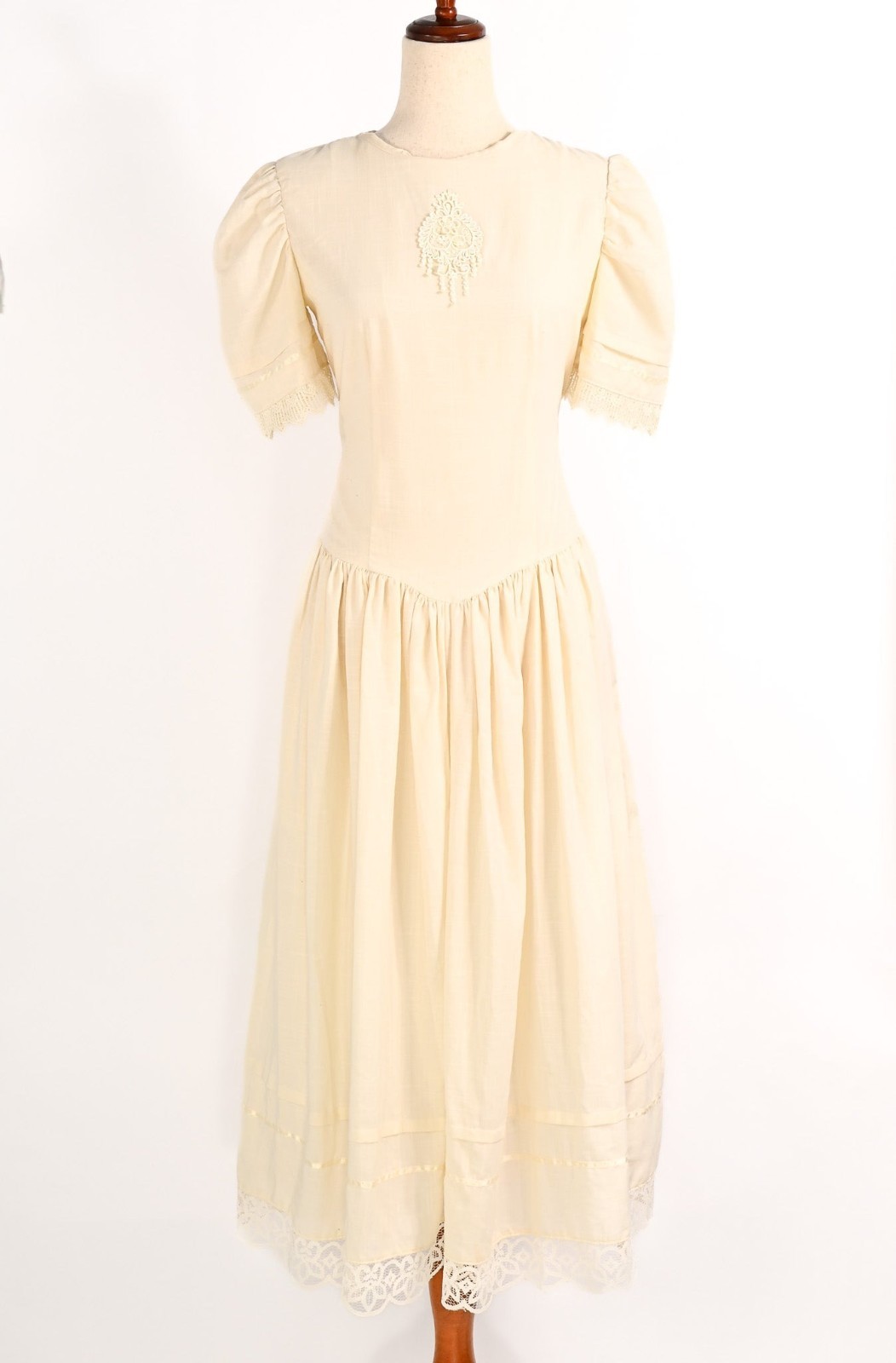 Vintage 80s Cream Cotton Linen Prairie Style Cottage Core Princess Cut Dress