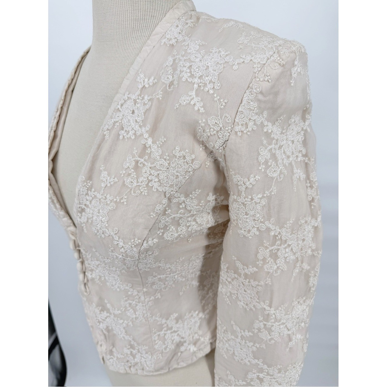 Vintage Angela Vickers Silk Lace Victorian Blouse Jacket XS/S Ivory Embroidered