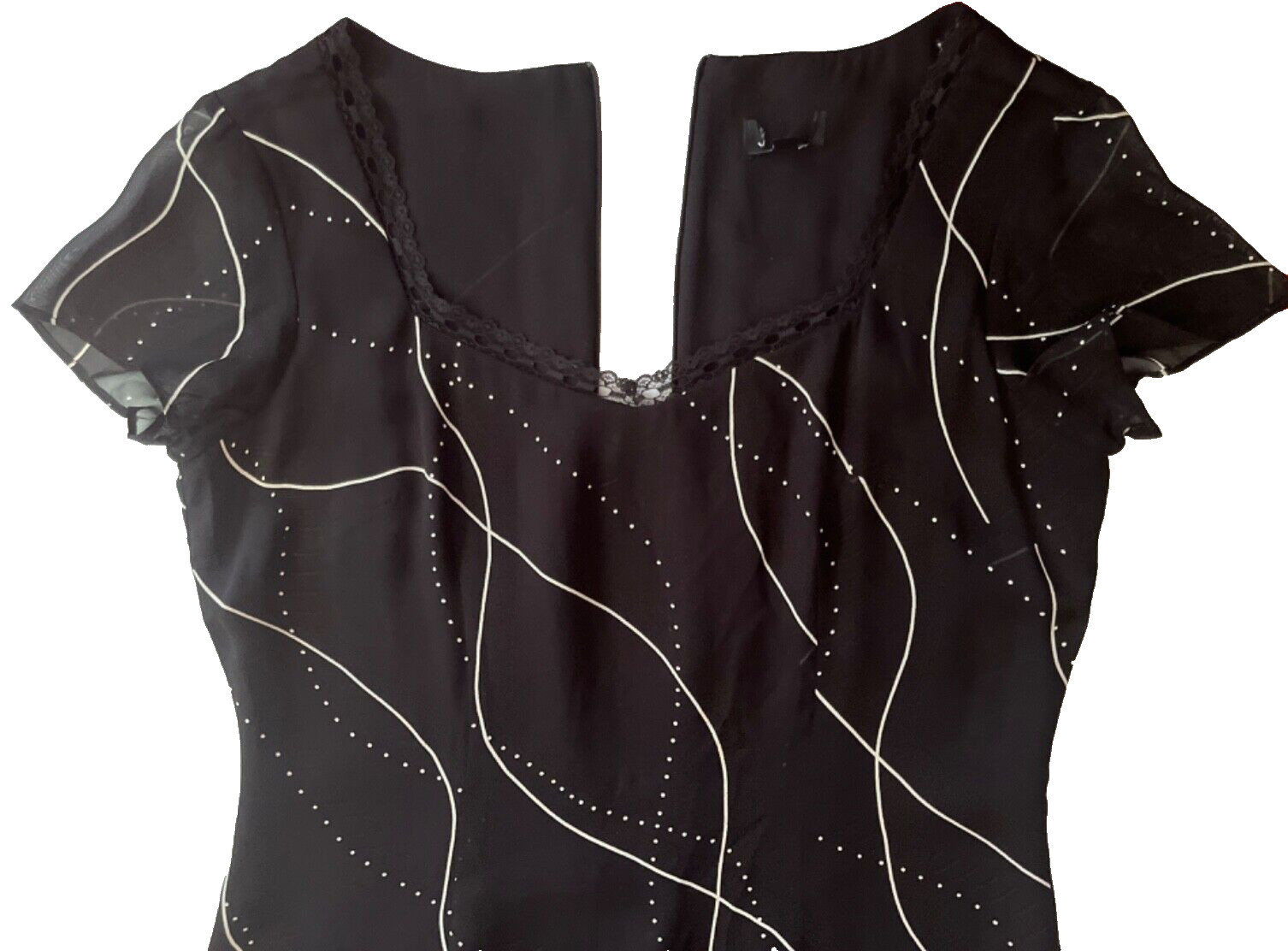 MICA SHEER MIDI RAYON BLACK WHITE LACE DETAILS DRESS FULLY LINED BACK ZIP sz 10