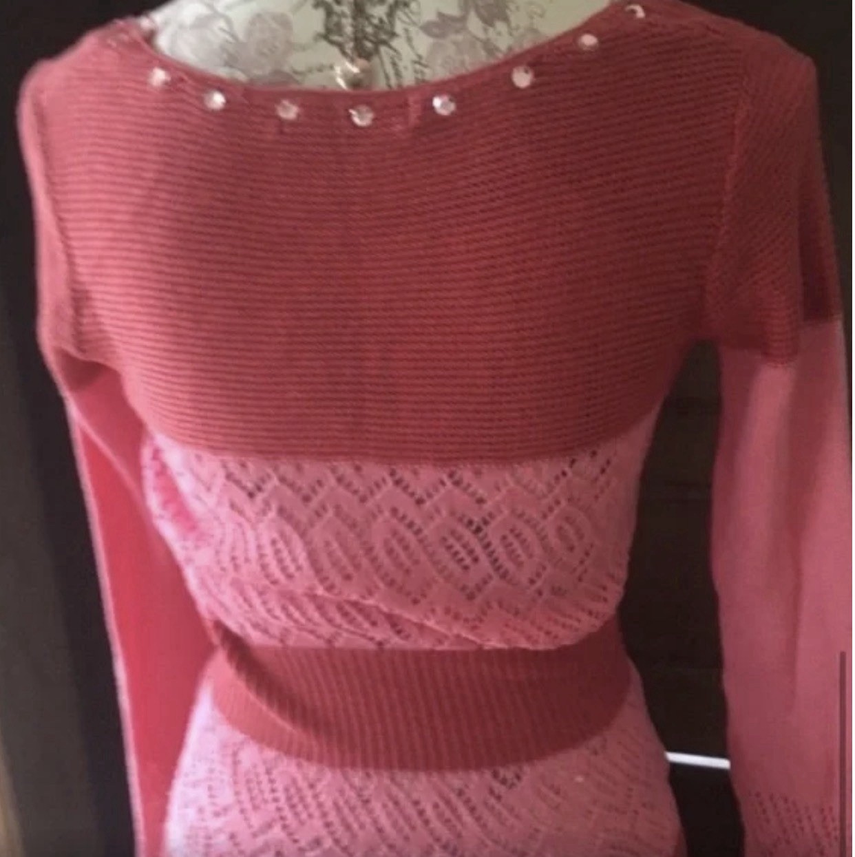 Vintage BETSEY JOHNSON NY Y2K Pink & Red Striped Lacy Cardigan With Rhinestones