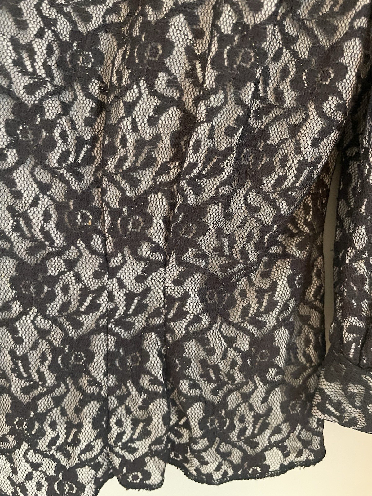 Sheer Black Lace Button-Front Women’s Blouse 1950s- 60s Rhinestone Buttons