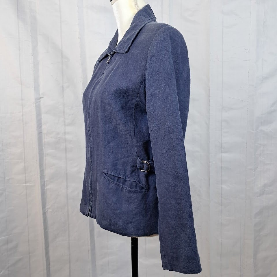 International Scene 4 Vintage Blue Zip Front Linen Utility Jacket Made in Russia