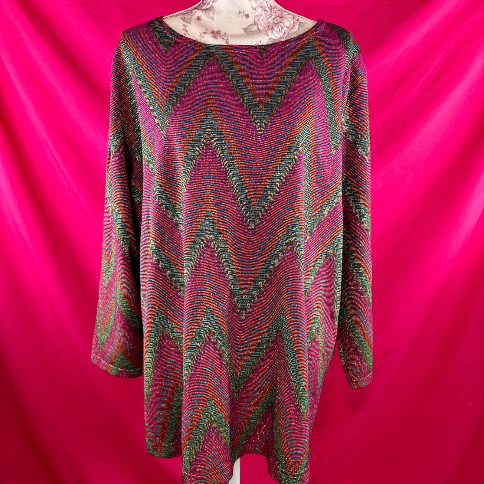 Metallic Vintage 80s 90s Chevron Knit Tunic Top Pink Sparkle 3X Holiday Glam