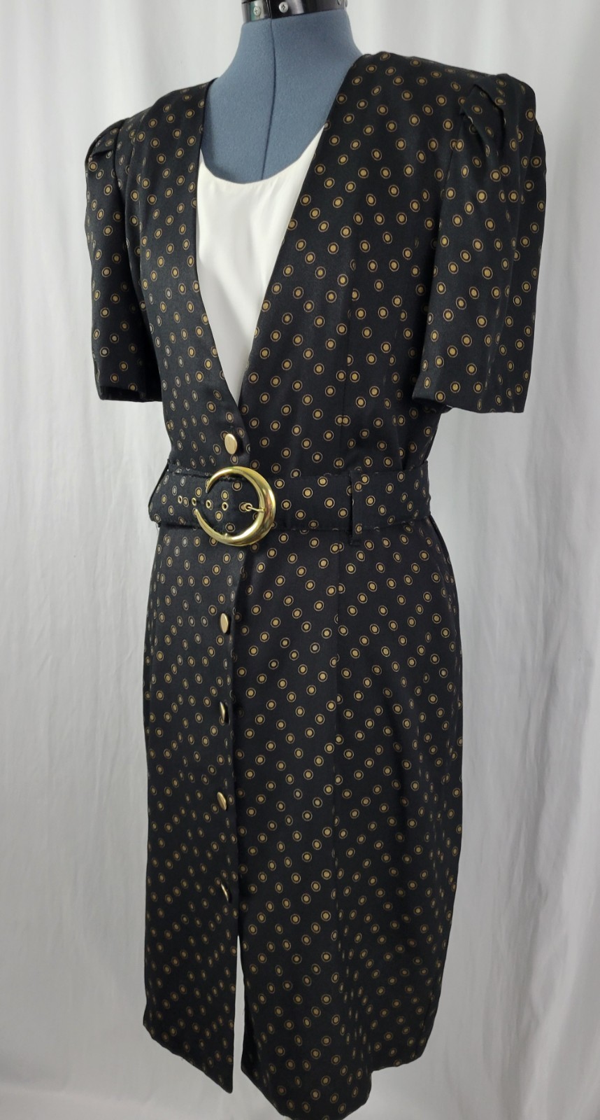 Vtg Whirlaway Frocks Black Sheath Dress w Gold Pattern, Belt & Dickey Size 14