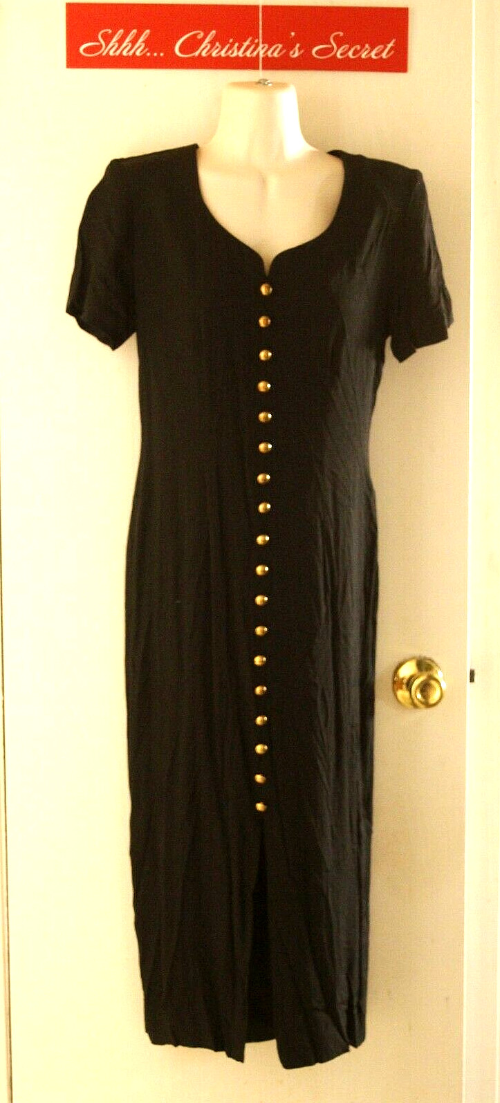 VINTAGE DAWN JOY FASHIONS Dress Black Shift Gold Buttons Slit Zipper Sz 6 * VG++