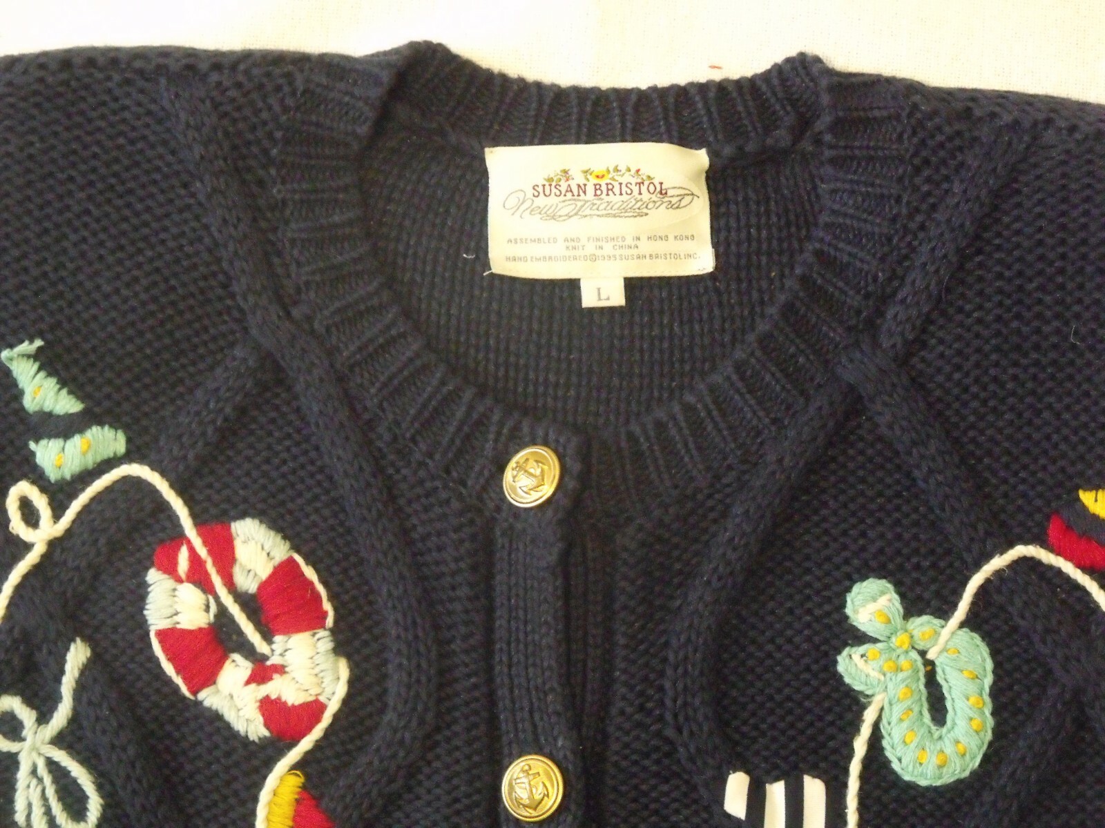 SUSAN BRISTOL L Embroidered Yachting Party Blue Sailing Sweater Vintage New Tags