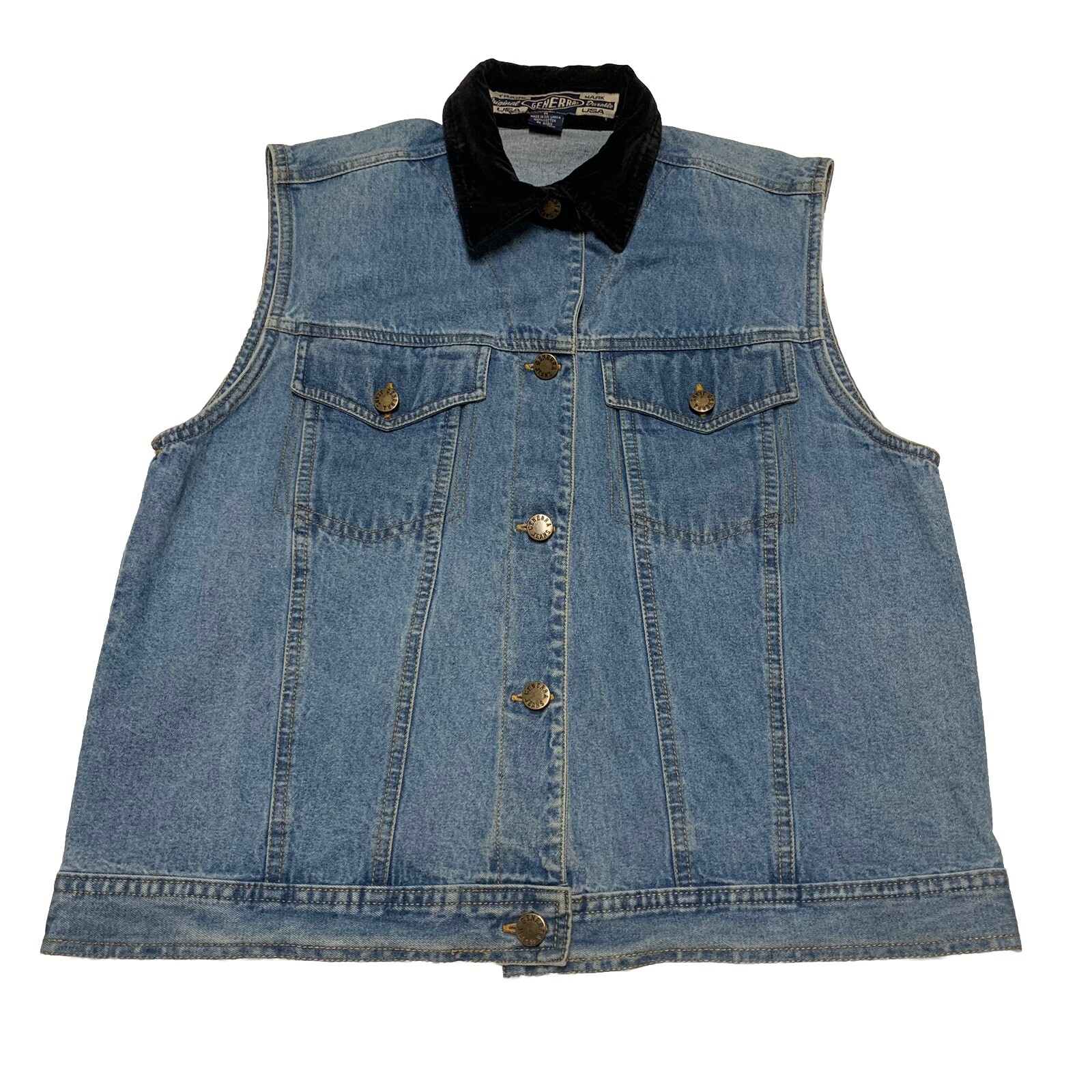 VTG 90s Generra Jean Vest Women’s Size M 100% Cotton Denim Black Velvet Collar