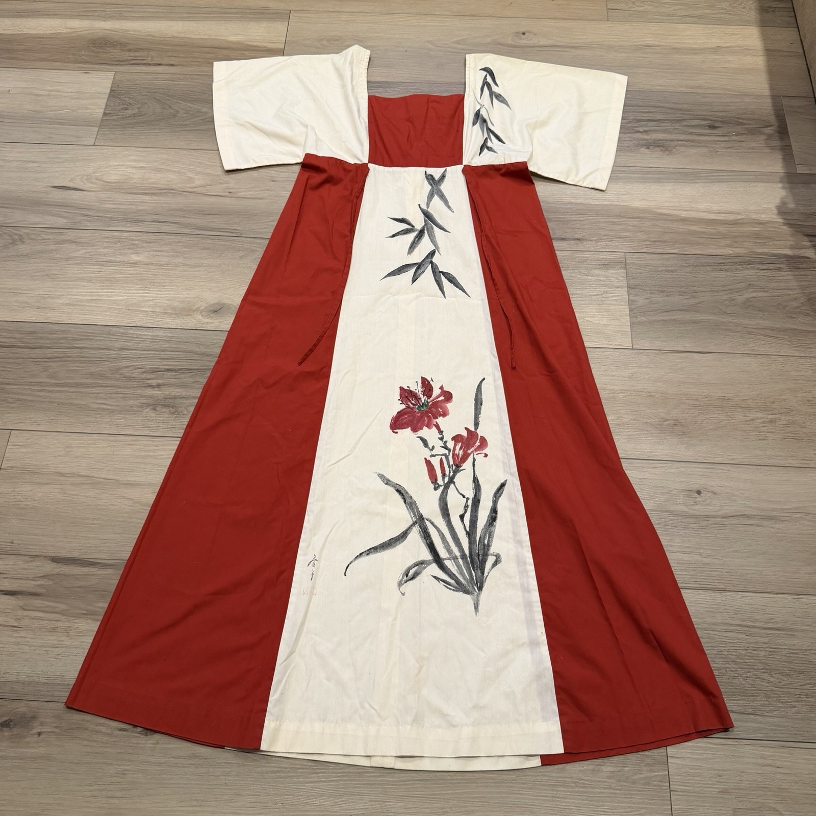Vtg 60’s Floral Kaftan Pake Muu Kimono Dress Red Cream Bamboo Maruki Signed