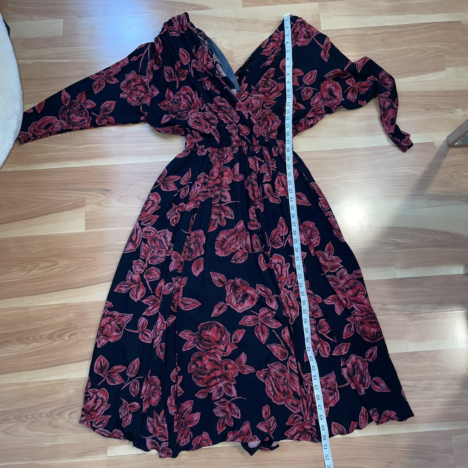 Vintage 80s V Neck Red/Black Floral Dress Size S/M Dark Romantic Whimsigoth Boho