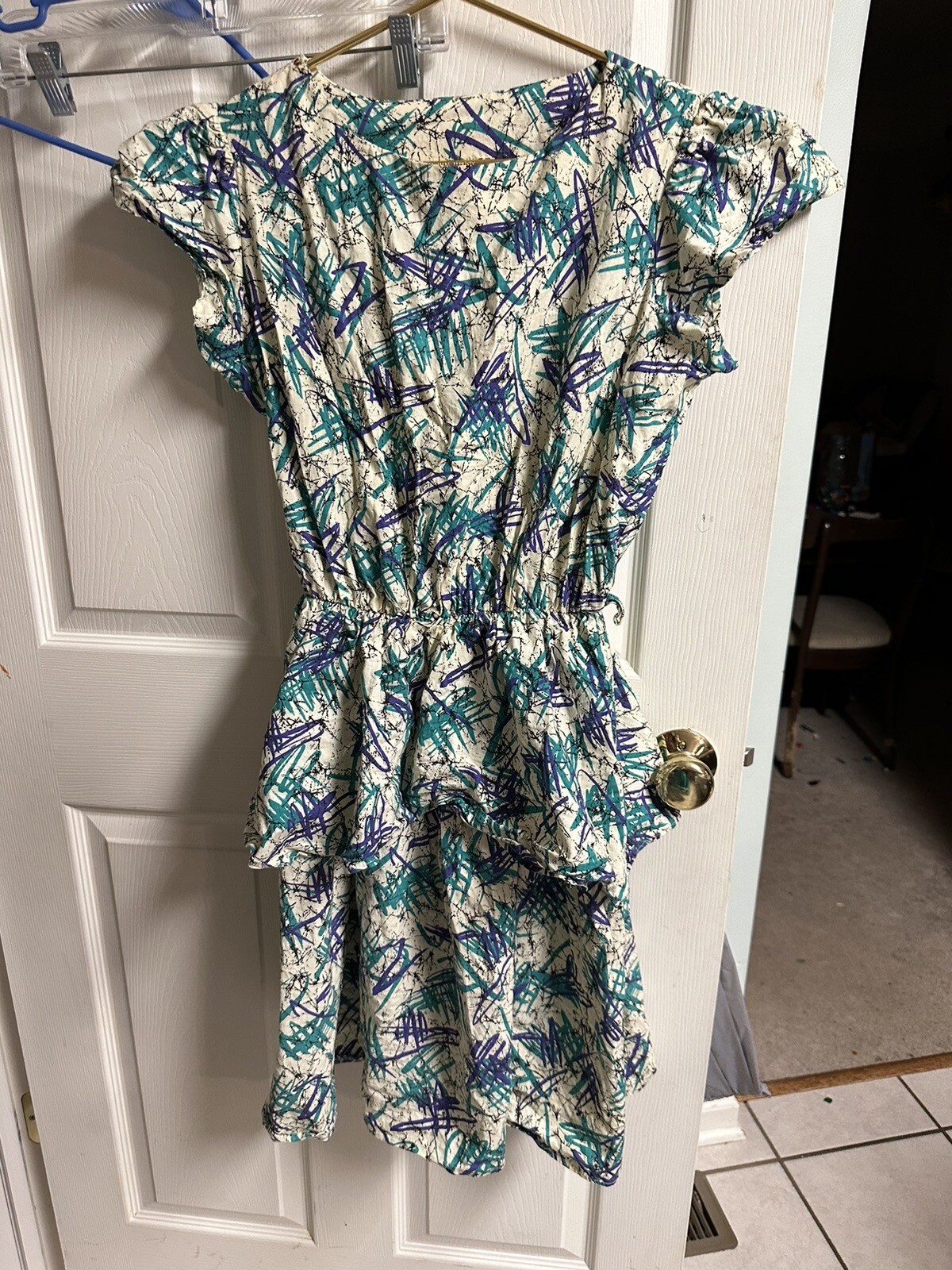 Vnt 80s 90s s Novelty Print Dress Splatter Abstract Peplum Large 16 All Over