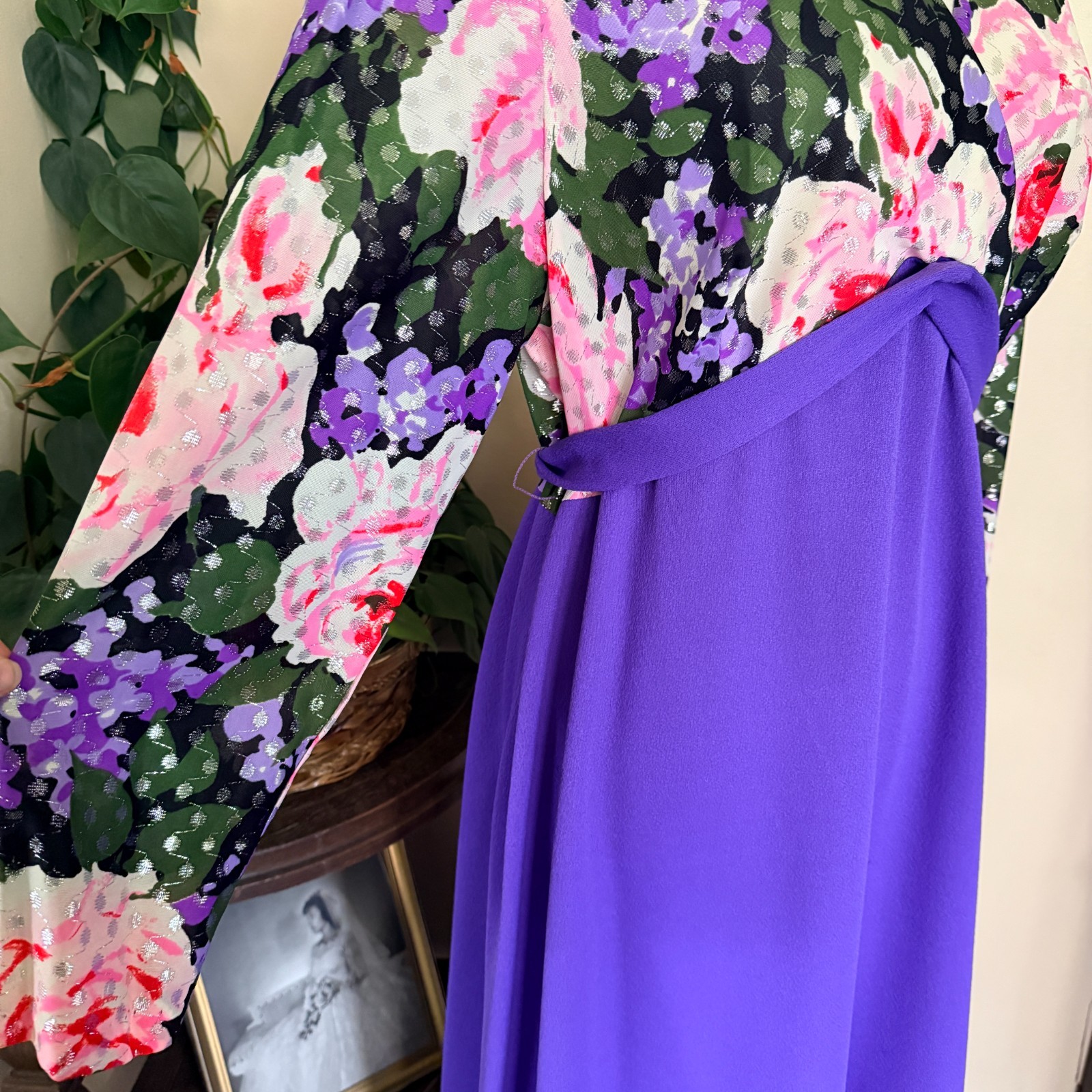Vintage Purple Floral Hostess Gown Empire Waist Maxi Dress Silver Lurex Dots