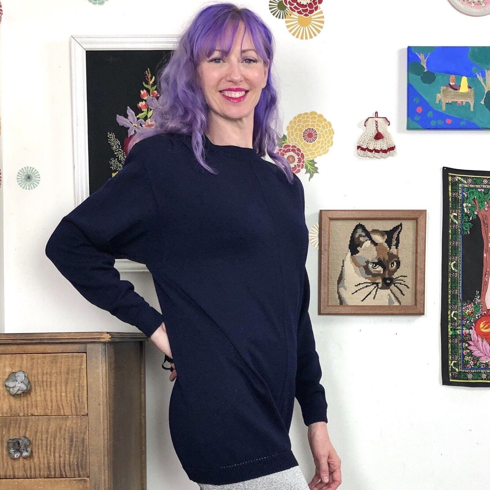 Vintage St. John Santana Knit Tunic Top, 1980s Navy Blue Sweater, Sz S